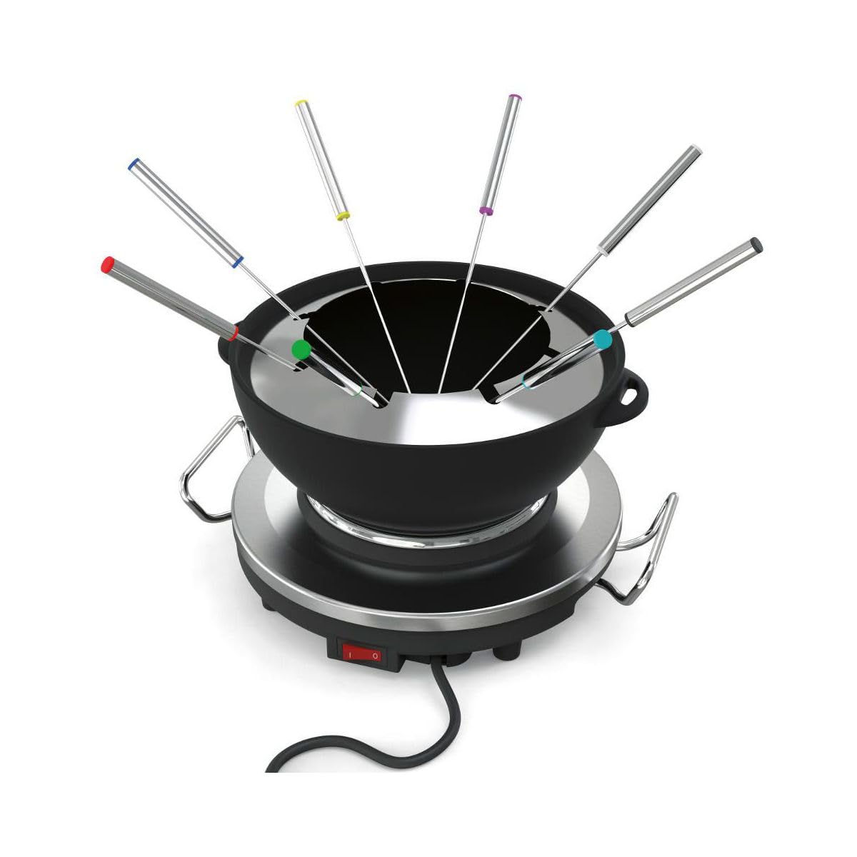 riviera&bar Fondue-Réchaud Électrique 1000W - Capacité 1,2L pour 8 Personnes - Température Réglable 6 Niveaux - Caquelon en Fonte Émaillée - INOX et Acier Chromé - Accessoires Inclus - Acier Chromé