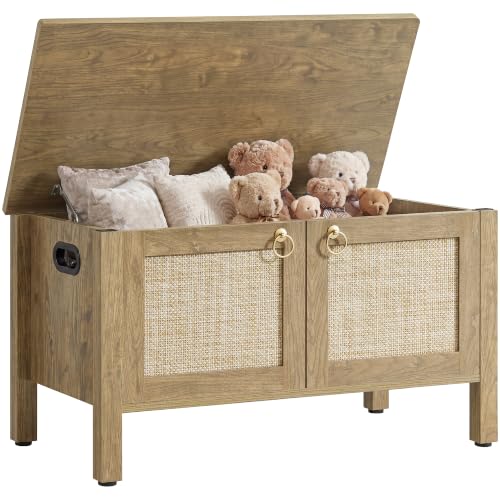 Image of SICOTAS Rattan Storage Bench Boho Storage Chest with 2 Safety Hinges | Wood Storage Truck Box for Bedroom, Living Room, Entryway, Supports 220 lb