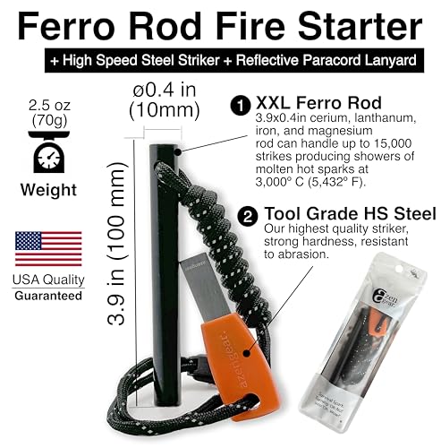 Survival Flint Fire Starter Kit, Thick Ferro Rod (4" x ⌀ 2/5") with Comfy Steel Striker, Paracord Lanyard String for Camping, Bushcraft, Outdoor