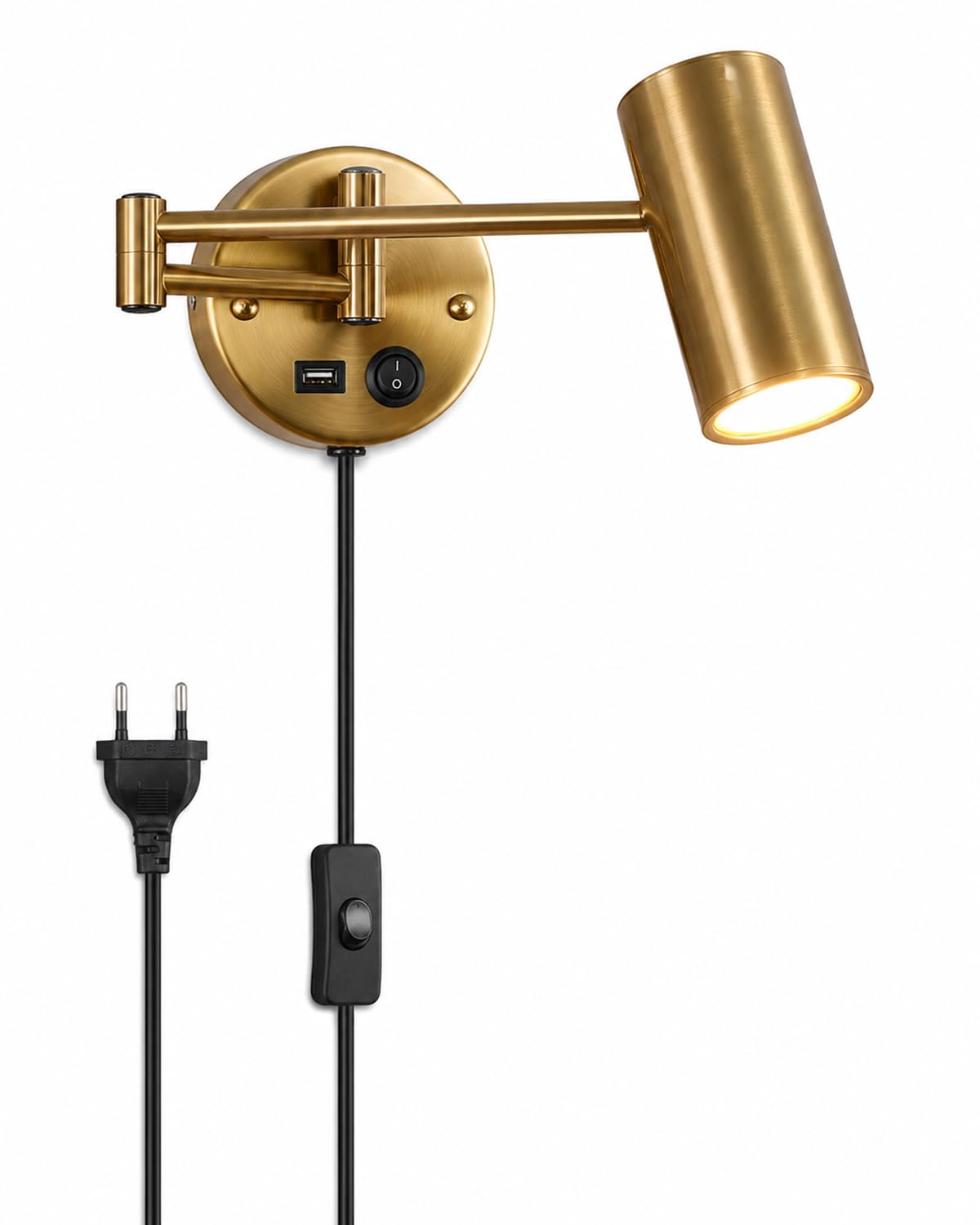 Wandleuchte mit Stecker und Schalter, Leselampe Wand Gold mit USB Ladeport, Schwenkarm Wandlampe E27 mit 150cm Kabel, 3000K Warmweiß Nachttischlampe für Schlafzimmer Wohnzimmer