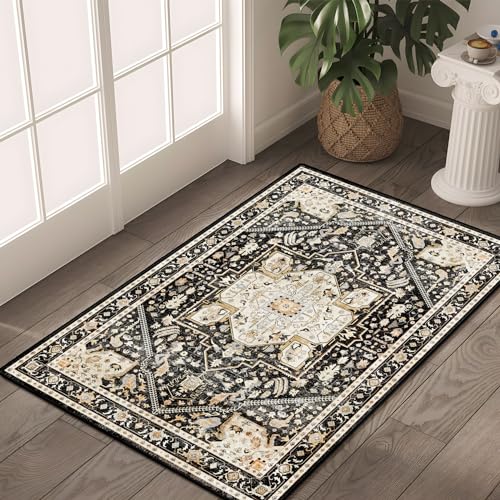 Tapete pequeño MUJOO negro beige lavable 2'x3' miniatura 1