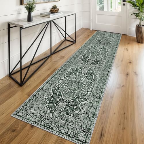 KUTA Vintage Runners for Hallways 2x8 Dark Green, Modern Floral Kitchen Rugs Non-Slip Washable Ultra Soft Printed Retro Distressed Carpet Entryway Runners for Bedroom Living Room Decor
