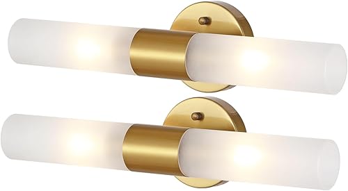 BAODEN Lámparas doradas para tocador de baño, paquete de 2 lámparas modernas de pared cilíndrica, pantalla de vidrio acrílico blanco esmerilado, 2