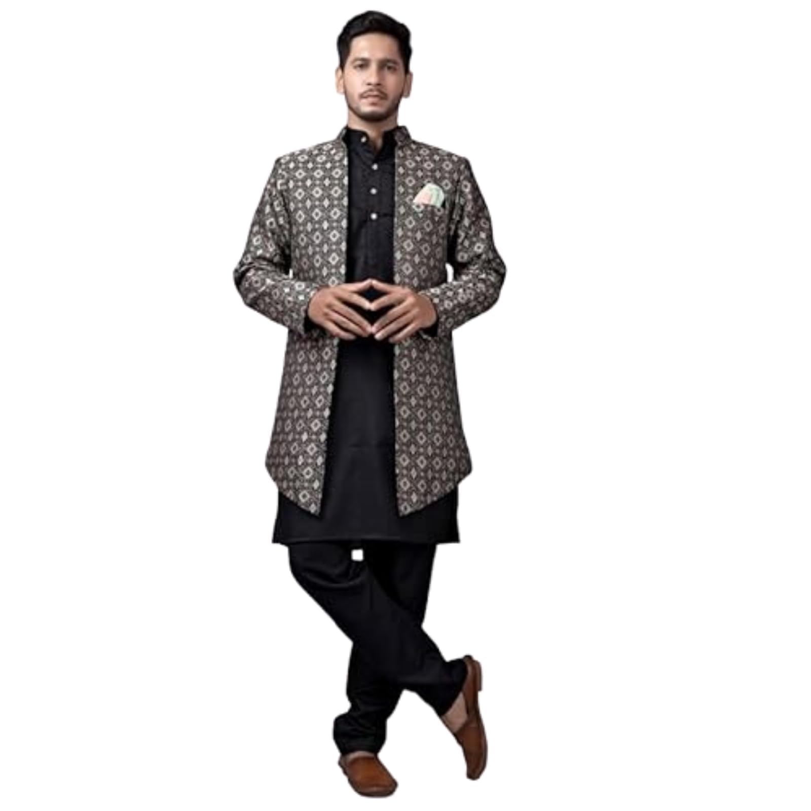 amzira Men's Heavy Jecquard Sherwani Set with Mandarin Collar Long Sleeves Jacket and Cotton Mandarin Collar Button Closure Kurta | Kurta for Men-picture-32