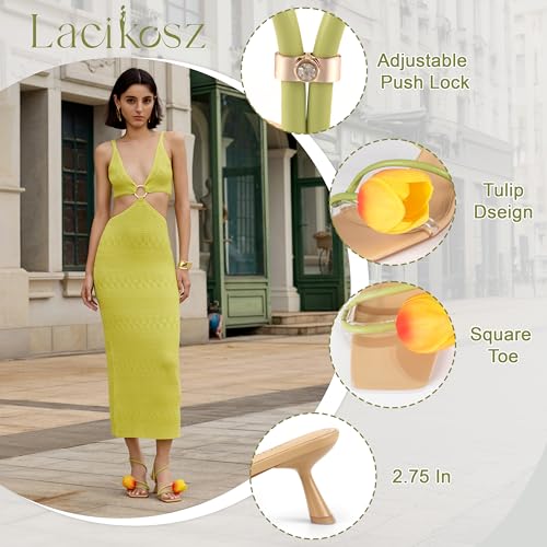 Image of LACIKOSZ Flower Kitten Heel Sandals for Women Calla Lily Green Heels Square Open Toe Floral Strappy Low Heel Sandals Summer Dressy Wedding Shoes