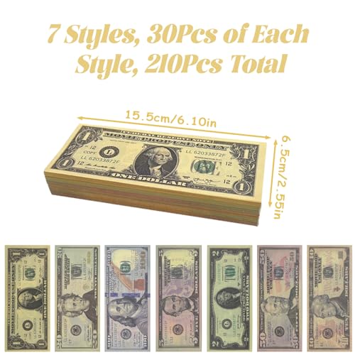 210 Blätter Fake Money, Spielgeld Dollar Scheine, Fake Geld Prop Money für Film, Party, Foto-Shooting, Bühnenrequisiten & Deko (7 Stückelungen, 15.5×6.5 cm)
