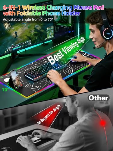 Image of Mouse Pad with Foldable Phone Holder & Wireless Charger, XXL RGB Gaming Mousepad 31.5 inchx15.8 inch Large Desk Mat for Keyboard, 11 Colors 5 Modes