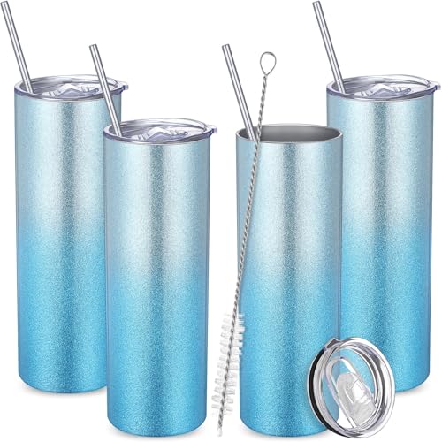 Patelai 4 Pcs Glitter Skinny Tumblers 20 oz Insulated Stainless Steel Tumbler with Lid and Straw Gradient Color Travel Water Cups for Hot Cold Drink(Graduated Blue)