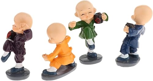 Miniatura 4 de Paquete de 4 estatuas de monje pequeño de resina de Buda, figuras de monjes pequeños, escultura de monje Kongfu para decoración de tablero de