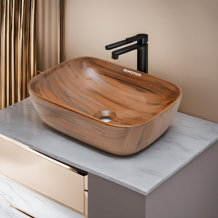 REMOTION Wooden Style Designer Wash Basin Countertop | Tabletop Ceramic Bathroom Sink | Wash Basin For Bathroom (18 x 13 x 5.5 Inch, Wodeen Style Designer Basin 04)