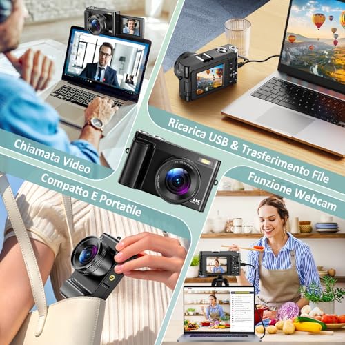 Fotocamera Digitale 4K Macchina Fotografica Digitale 48MP Con Autofocus, Schermo Ribaltabile A 180° Da 3", Zoom Digitale 16X, Scheda Di 32GB E 2 Batterie Per Principianti E Ragazzi - 7