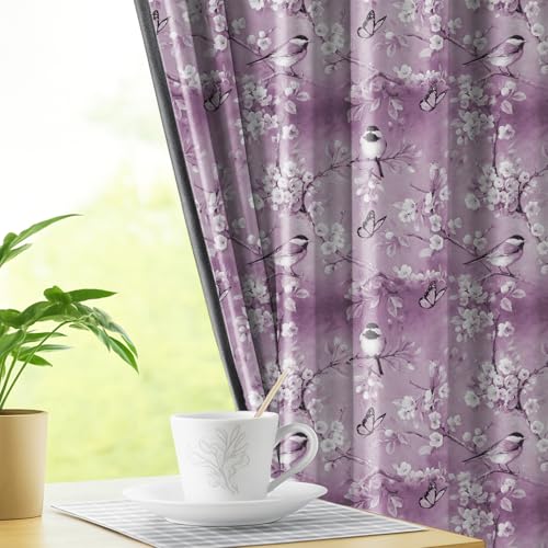 Image of LINENWALAS Printed Blackout Curtains for 5 Feet Window | Set of 2 | Charming Bird & Floral Drapes | Thermal Insulated, Room Darkening Panels with Grommet Hanging for Living Room (Lilac Blossom)