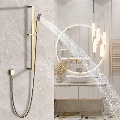 Yuesimate Brushed Gold Handheld Shower Head With Slide Bar 27.56 Inch, 59.06-Inch Long Hose, High Pressure Brass Material, Adjustable Height Shower Head With Handheld Spray, Shower Wand Holder #TOP1