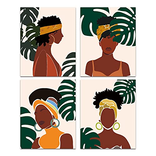 Boho Theme Art Painting Mid-Century Green Leafy Plants Black Woman Terracotta Art Prints (Set of 4, â 8x10â Unframed) Fashion Woman Princess Girl Room Bedroom Decor SPA Bathroom Office Corridor Wall Home Decor