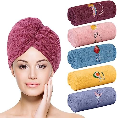 Gloserin 5 Pack Microfiber Hair Towel with 2 Button,Hair Wraps for Women Wet Hair,Fast Drying Hair Turban,Anti Frizz Head Towels Wrap for Curly Hair Double Layer Thicker Super Absorbent