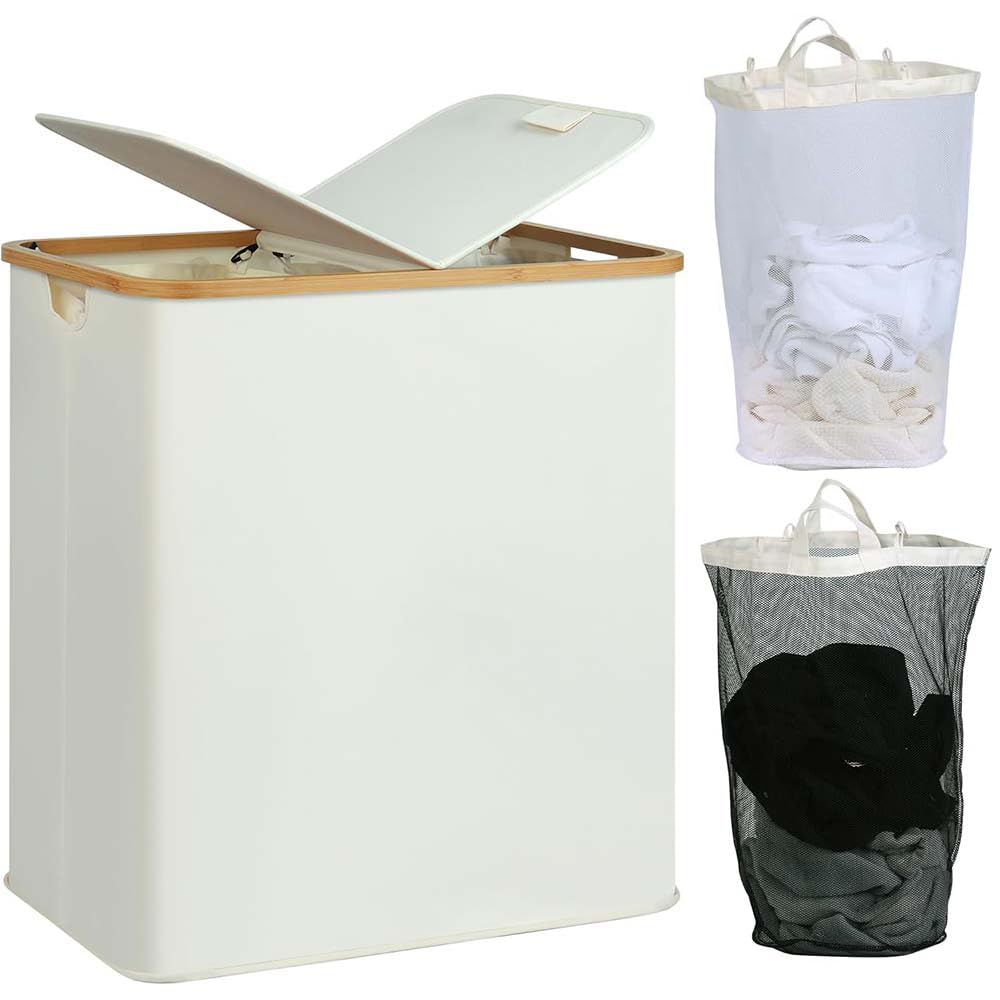 Collapsible Laundry Basket 2 Compartments with Lid,140L Double Laundry Basket, Removable Inner Bags,Bamboo Poles, Laundry Hamper for Bedroom Bathroom Laundry Room (Beige)