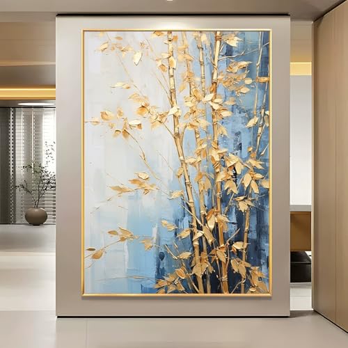 Peinture à l'huile feuille d'or et bambou fait main 50x70cm