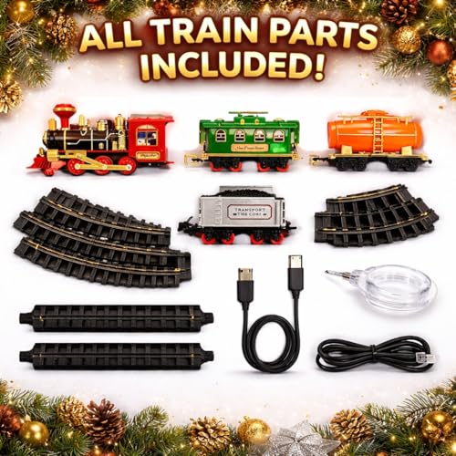Image of Choo-Choo Electric Train Toy for Kids | Rechargeable Engine with Passenger & Cargo Coaches | Smoke, Sound & Light Effects | Railway Track Gift Set for Boys & Girls