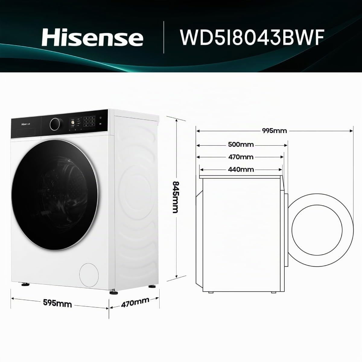 Hisense WD5I8043BWF Waschtrockner Slim Frontlader 8 kg 1400 U/min A Energieklasse Dampf Touch-Display