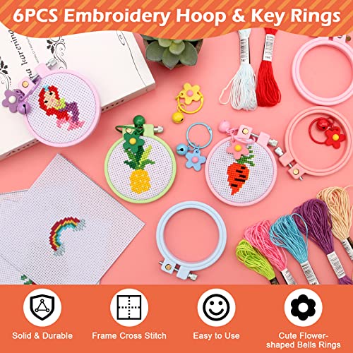 Image of Anglekai 6Pcs Cross Stitch Kits for Beginners, Needlepoint Kits for Beginners Embroidery Starter Set, 6 Embroider Hoops and Cloth / 6 Key Rings /Scissors /Instructions for Crossstitch Decor