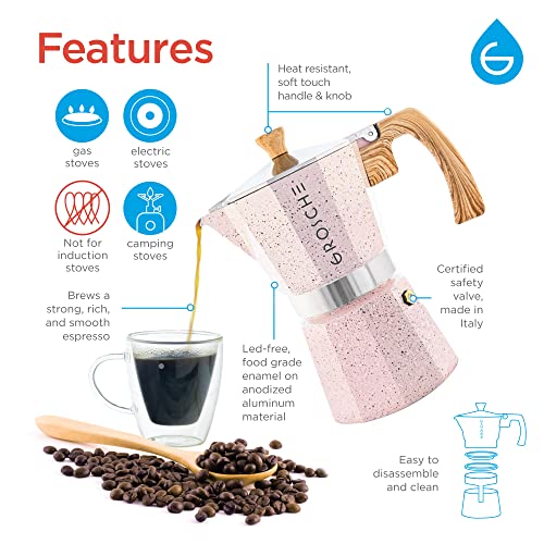 Image of GROSCHE Milano Moka pot, Stovetop Espresso maker, Greca Coffee Maker, Stovetop coffee maker and espresso maker percolator (Pink, 9 cup)