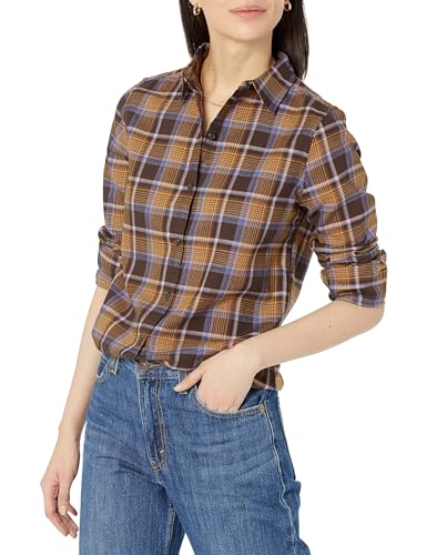 Image of Amazon Essentials Women's Regular-Fit Long-Sleeve Lightweight Plaid Flannel Shirt with Brushed Finish, Shirttail Hem