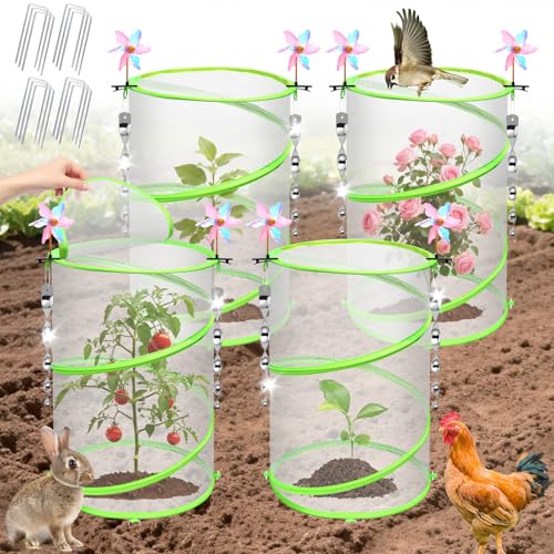 4 Pcs Insect Bird Barrier Netting Mesh with Bird Reflective Devices Outdoor Garden Protection Cover Plant Covers Garden Netting Plant Cover Protect Plant Fruits Flower from Insect Bird Eating
