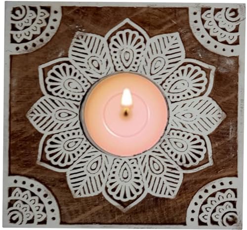 Image of Purpledip Wooden T Light Candle Holder: Unique Printing Block Rangoli Design (12509)