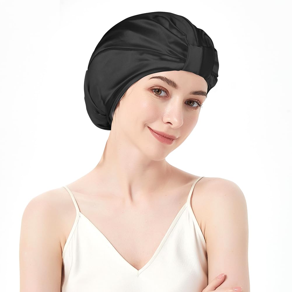 AOGOE Silk Hair Bonnet for Sleeping Double Layer Sleep Cap, Silk Sleep Cap with Elastic Bow, Night Sleep Cap