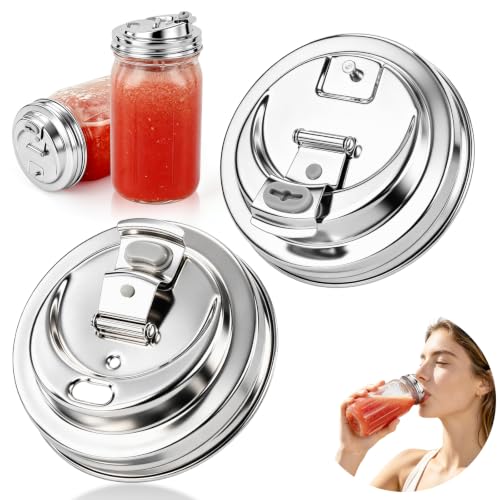 NAHSHON 2 Pack Mason Jar Drinking Lids Stainless Steel Wide Mouth Mason Jar Sip Lids Accessories for Iced Coffee and Smoothies Leak Proof Seal Flip Cap Reusable Pour Spout Lid with Straw Hole