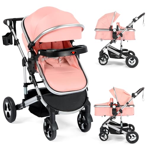 Kinder King 3 in 1 Reversible Baby Stroller w/Detachable Tray, Convert to Newborn Pram, Folding Infant Carriage for Toddler, Adjustable Canopy &...