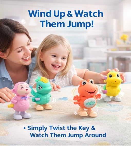 PB Prime Brands Wind Up Jumping Animal Toys for Kids, Clockwork Walking & Jumping Toy Set with 360° Rotating Heads, Colorful Mechanical Toys for Toddlers & Children (Pack of 7) 1
