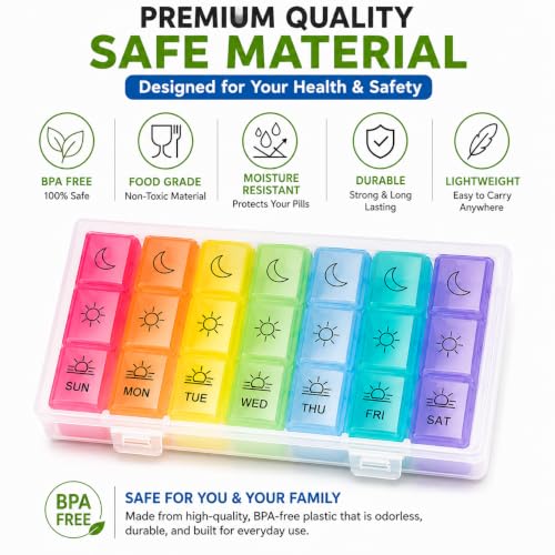 Image of Zollyss Weekly Pill Organizer 3 Times a Day, 7 Day Pill Box with 21 Compartments, BPA Free Medicine Organizer Box, Portable Travel Tablet Case for Vitamins, Supplements & Medication, Multicolor