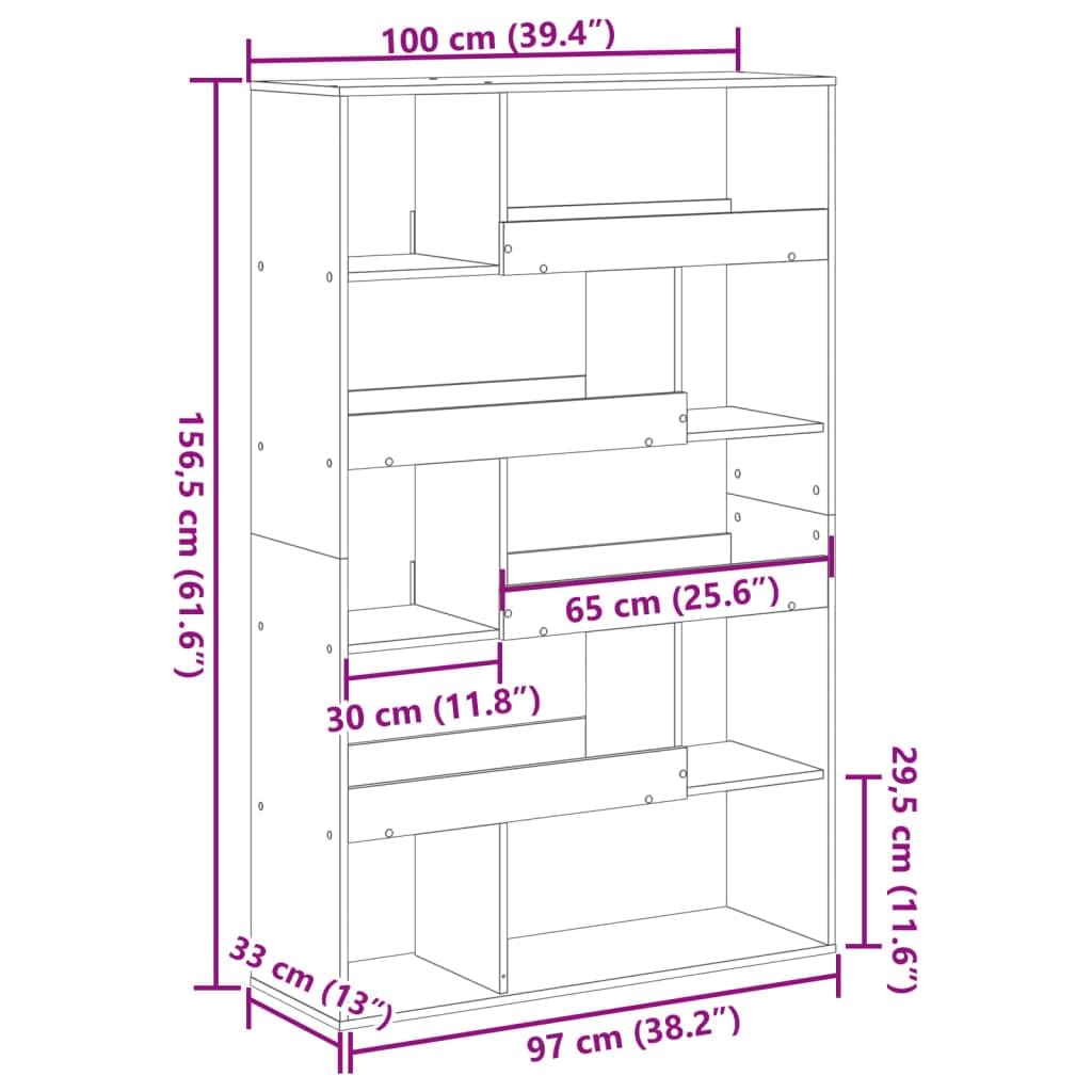 Divisorio effetto legno anticato, 100 x 33 x 156,5 cm, scaffale con 10 scomparti in legno, libreria, divisorio per soggiorno, camera da letto, libri, decorazione, facile da pulire