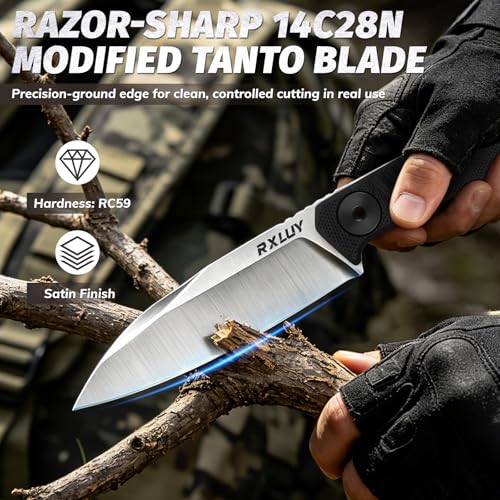 RXLUY Fixed Blade Knife with Sheath, 14C28N Full Tang Steel Blade, Tactical Survival EDC Utility Knives with G10 Handle, Adjustable Kydex Sheath Belt Clip for Camping Hunting Hiking Gardening (Black) - image 3