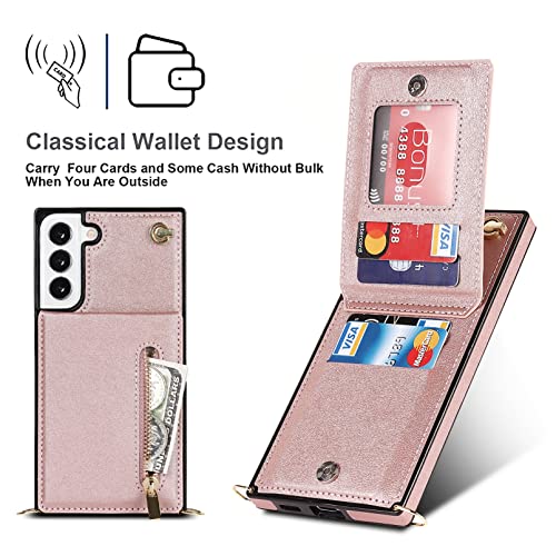 Jaorty Samsung Galaxy S21 Fe 5G Cases With Card Holder For Women,Crossbody Phone Case For Samsung S21 Fe With Strap,Leather Pu Lanyard Magnetic Clasp Zipper Wallet Case With Kickstand,6.4" Rosegold #TOP4