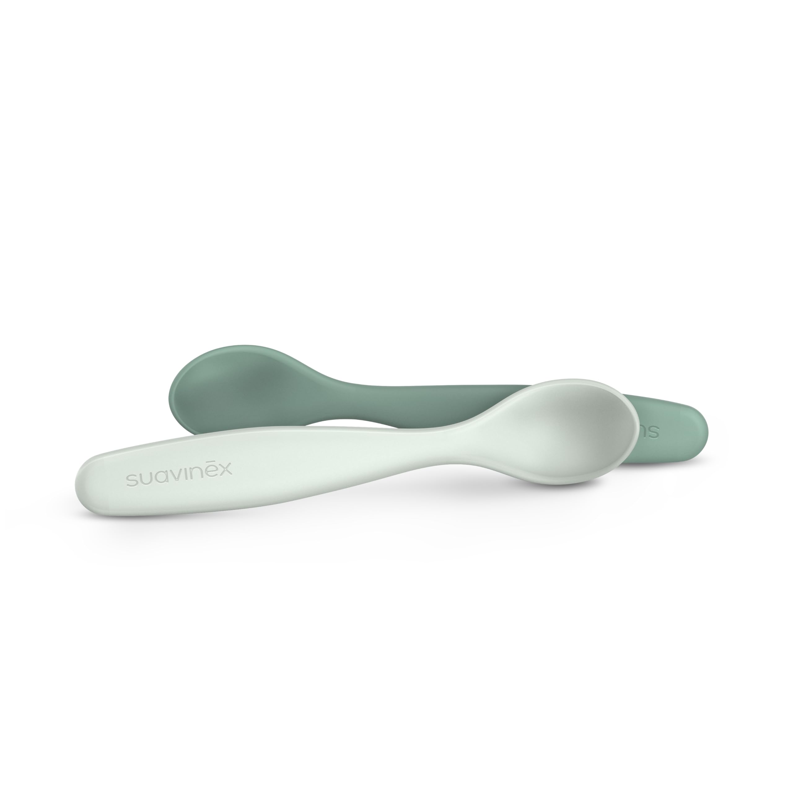 Suavinex, Pack 2 Cucharas para Bebés de Aprendizaje. Cucharas Infantiles. Aptas Encías Sensibles. Con Mango Largo. Ideal Papillas y Potitos. Aptas Lavavajillas. Ergonómicas. Bebés +6 Meses, Verde