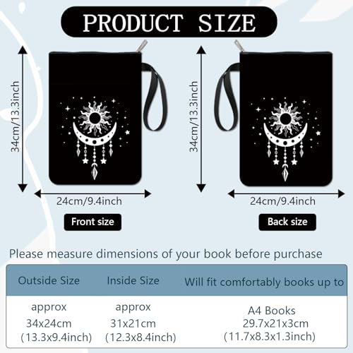 CRASPIRE Moon Phase Book Covers Black Book Protector Sun Star Vintage Book Sleeve for Paperbacks Washable Fabric Cloth Book Cover with Zipper and Extra Sleeve Pocket for Book Lovers Classmate Gifts - Image 2
