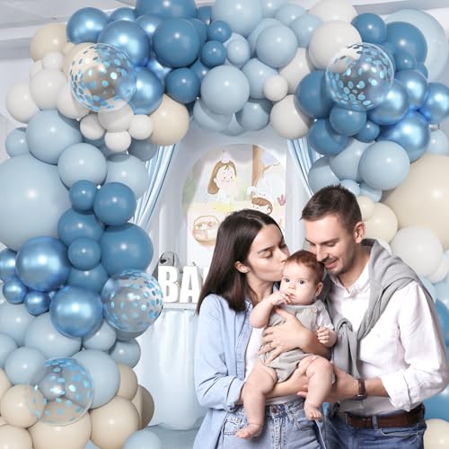 Image of Ouddy Life 157 Pcs Dusty Blue Balloons Garland Arch Kit, Dusty Baby Light Metallic Blue Sand White Confetti Balloon Different Size Birthday Wedding Boy Baby Shower Gender Reveal Decorations