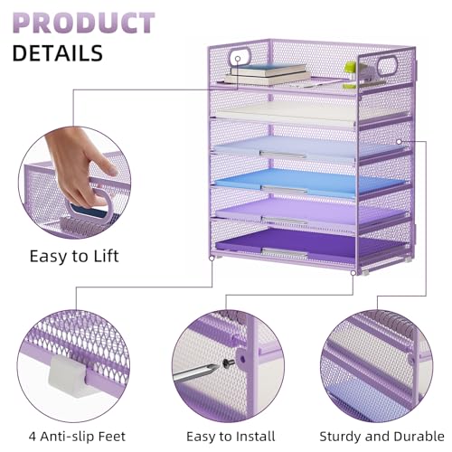 Image of Marbrasse 2 Pack Desk Organizer with Handle, 6 Tier Paper Letter Tray, Mesh Desk File Organizer for Office, School and Home - Purple