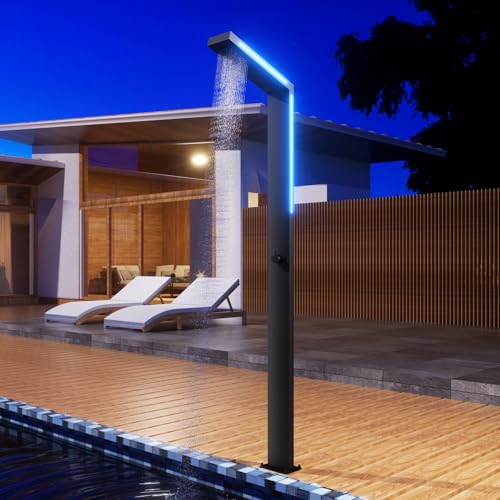 NOLUXA IMEX - Ducha Piscina Exterior Acero S.316 | Ducha Terraza Exterior con Rociador Rectangular LED | Outdoor Shower para Jardin con Agua Fría | Serie Sense | Color Negro Mate