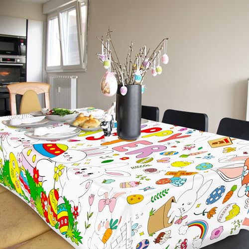 Image of Giant Easter Coloring Tablecloth, 54 inch x 108 inch Easter Crafts Table Cloth, Coloring Tablecloth Disposable for Crafts Party Decorations, Rectangular Painting Poster Banner Art Activities with Bunny Eggs