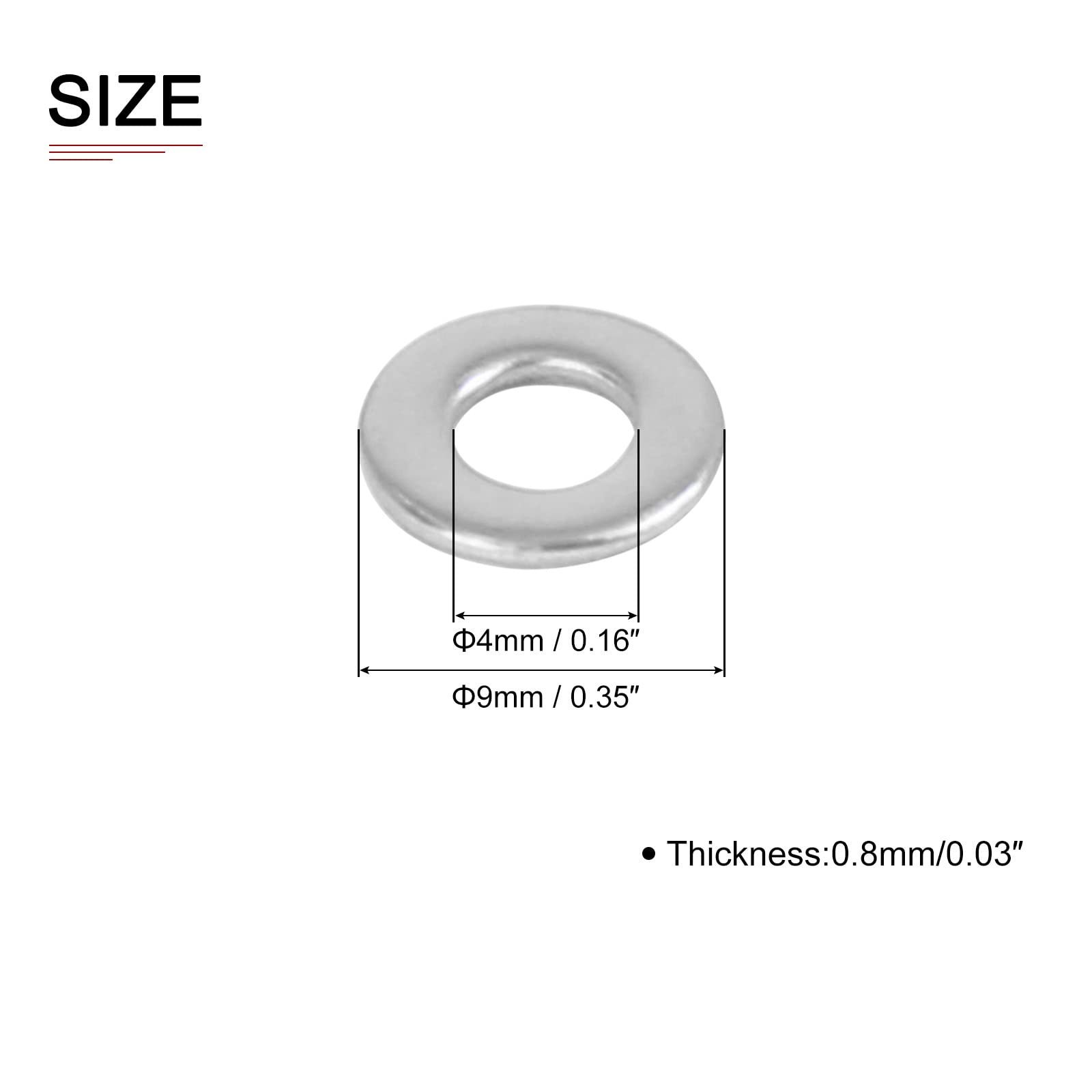 DTGN 4mmx9mmx0.8mm(IDxODxT) Stainless Steel Flat Washers - 200Pack - Good for Industrial Machinery - Flat Ring Gaskets - Silver Tone - Image 2