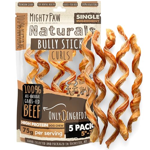 Mighty Paw Naturals Curly Bully Sticks for Dogs - Grass Fed Beef Chews. Bully Sticks for Large Dogs Medium Small Breeds. Lower Odor Treats for Small Pets. Single Ingredient 6 - 5 Pack