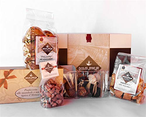Paquete de Regalo Armonioso - Pastelería Mixta con Almendras y Avellanas 400 g, Almendras con Azúcar 200 g, Galletas de Almendras Tozzetti 350 g, Galletas de Chocolate Palloni 350 g - Dolci Aveja