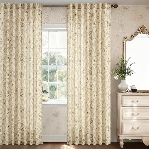 Image of Floral Linen Curtains 80 Inch Length 2 Panels Set Semi Sheer Curtain Brown