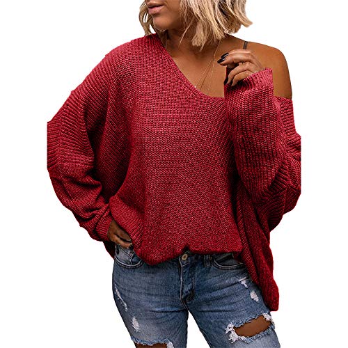 Image of BZB Women's V Neck Long Sleeve Knit Loose Oversized Pullover Sweater Top
