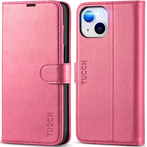 TUCCH Case for iPhone 14 (6.1) 2022 5G, Magnetic PU Leather Wallet Phone Case with[Viewing Stand]Flip Folio Cover[Shockproof TPU][RFID Blocking][Credit Card Holder]Compatible with iPhone 14, Hot Pink