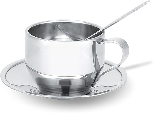 Juego de tazas y platillos de 4 onzas, taza de café con aislamiento de doble pared de acero inoxidable con platillo y cuchara para café, café con