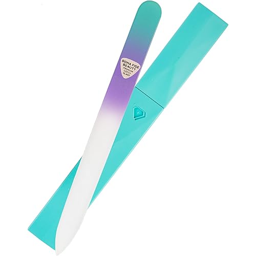 Glass Nail File with Case, Czech Glass Fingernail Files, Manicure Nail File for Natural Nails, Expert Precision Filing + Smooth Finish - Bona Fide Beauty Premium Nail Filer (Pastel Aqua Violet)